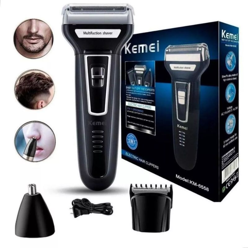 Kit Kemei KM6558 com aparelho, cabeças de corte, barbear e pelos do nariz, e embalagem